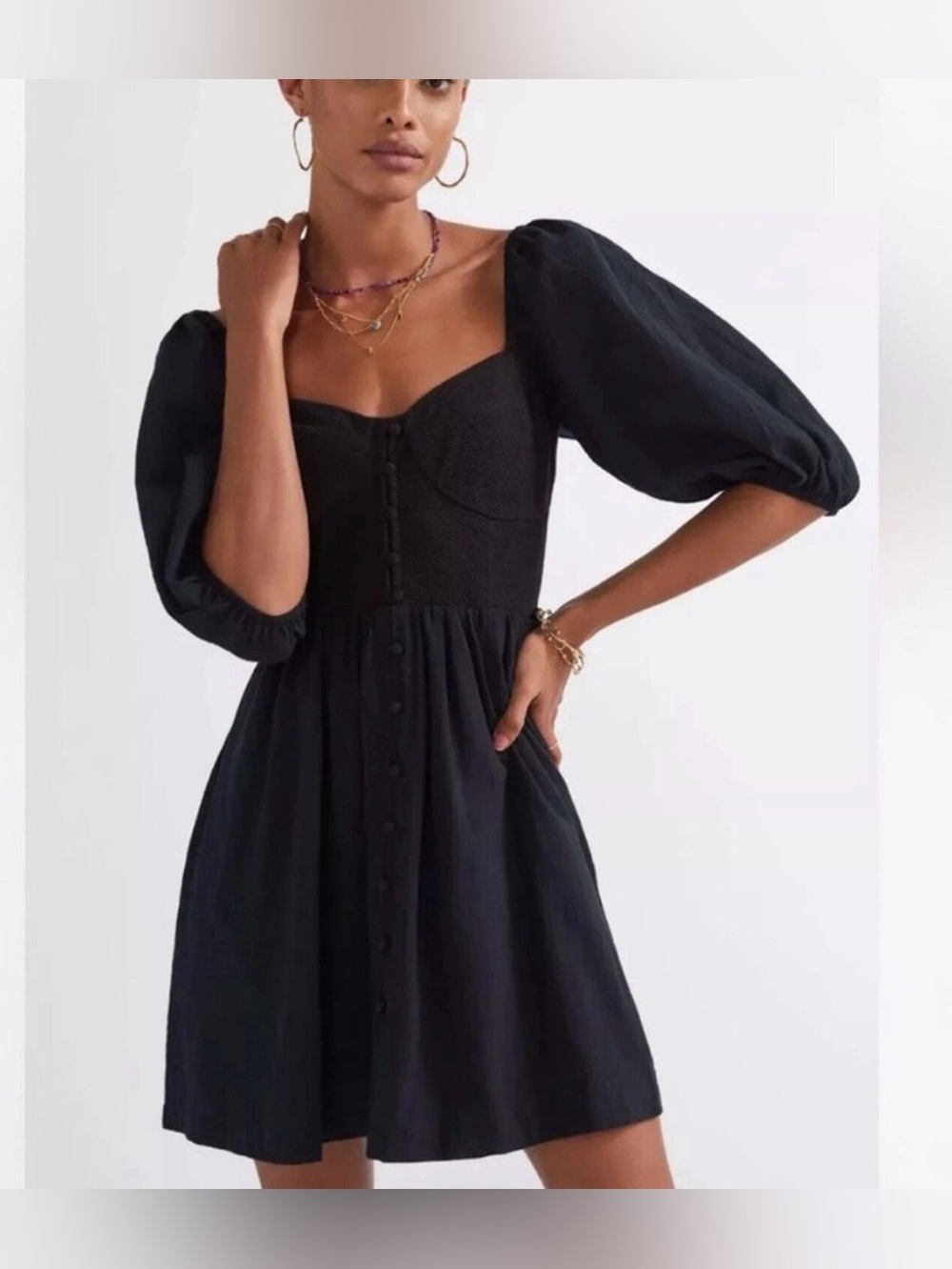 Anthropologie Maeve Puff-Sleeved Sweetheart Mini Dress Black Size XSmall